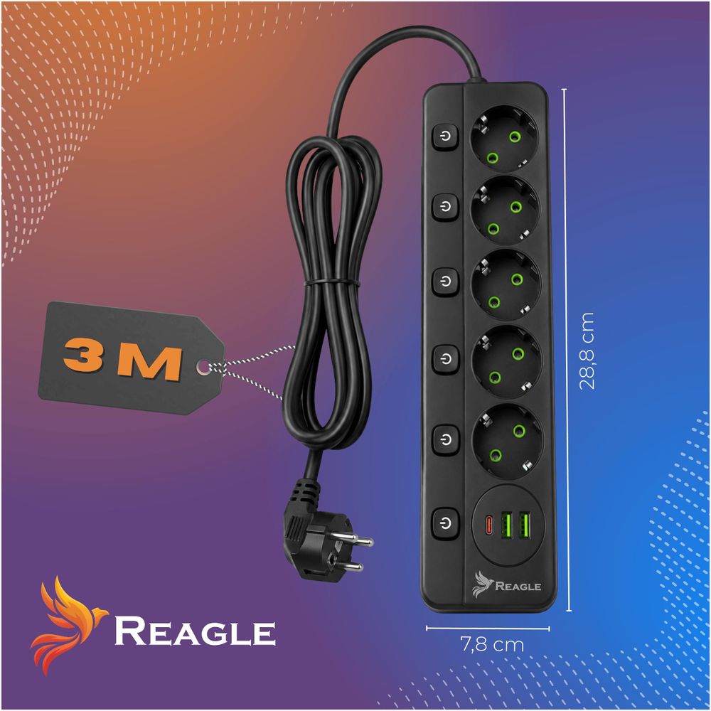 Reagle 3m Steckdosenleiste 5-fach einzeln schaltbar, Mehrfachsteckdose mit 3x USB (1x USB-C Schnellladen), Verlängerungskabel 2500W Schwarz
