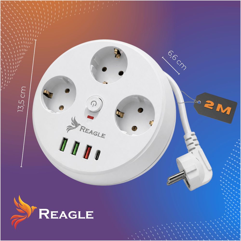 Reagle Runde Steckdosenleiste aufrollbar 2m, Mehrfachsteckdose mit 3x Steckdosen & 4x USB (3x USB-A, 1x USB-C), Verlängerungskabel 2500W