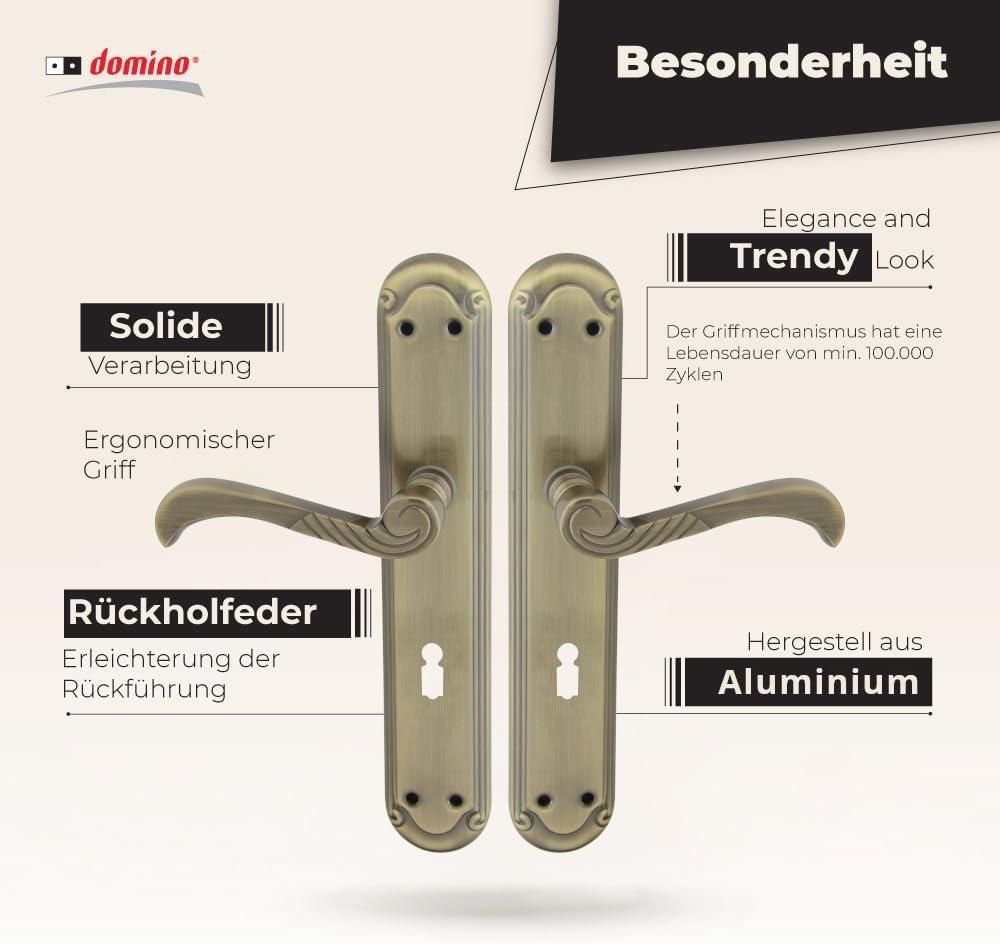 DOMINO Türgriff 72 Drückergarnitur BB-Buntbart | Langschildgarnitur | für Zimmertür, Bürotür, Kellertür & Innentür |Aluminium | Bronze | CASABLANKA M3