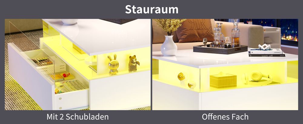 okwish Hochglanz-LED-Couchtisch Quadratischer Couchtisch 70*70*41cm mit 2 Schubladen und transparentem Präsentationsbereich,Belastbar bis 30 kg, Weiß