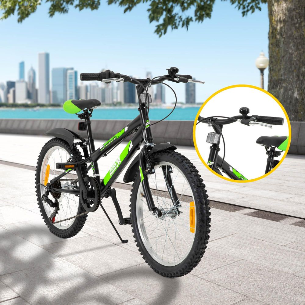 Actionbikes Kinderfahrrad Arrow 20 Zoll | Kinder Fahrrad - V-Brake Bremsen - Kettenschutz - Fahrradständer - Handschaltung - 6-9 Jahre (Schwarz/Grün)