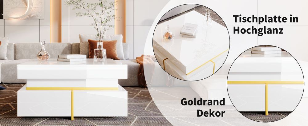 okwish Couchtisch quadratischer, Hochglanz Beistelltisch für Schlafzimmer, Wohnzimmertische mit Stauraum fürs Wohnzimmer, Beistelltisch mit Schubladen und goldenen Akzenten, Weiß