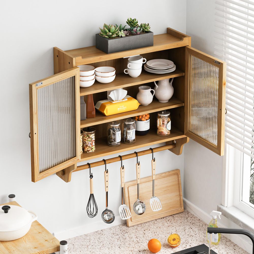STILVORA Wandschrank mit Glastüren und 3 Ablagen, Hängeschrank mit Handtuchhalter, Badezimmerschrank mit 2 Türen, Holzfarbe
