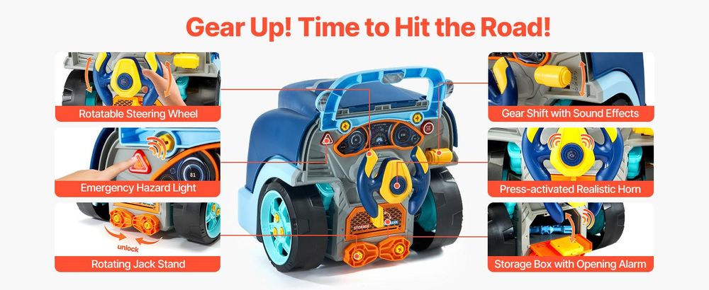 VEVOR Motor Spielzeug, 60 Teile, Kinder Mechaniker Auto Reparatur Set mit abnehmbaren Teilen, Lichtern und Geräuschen, Lenkrad und Hupe, Kinder Mechaniker Werkstatt Set für Kleinkinder ab 3 Jahren, Blau, Blau