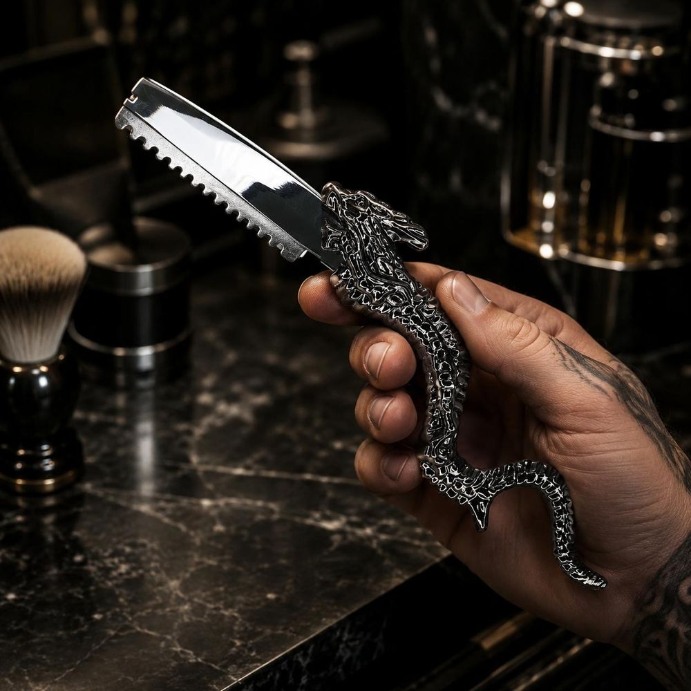 Profesjonalna brzytwa razor barberski w stylu smoka srebrny