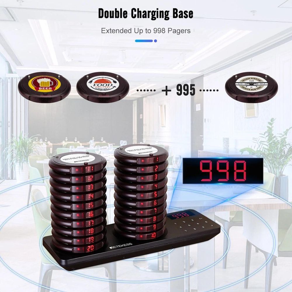 Retekess TD163 Restaurant Pager System, Pager Rufsystem mit 31 Rufmod, 500M, 20 Pagers, 300mAh 20H, Pager set für Fast Food, Hamburgerladen, Café, Bar
