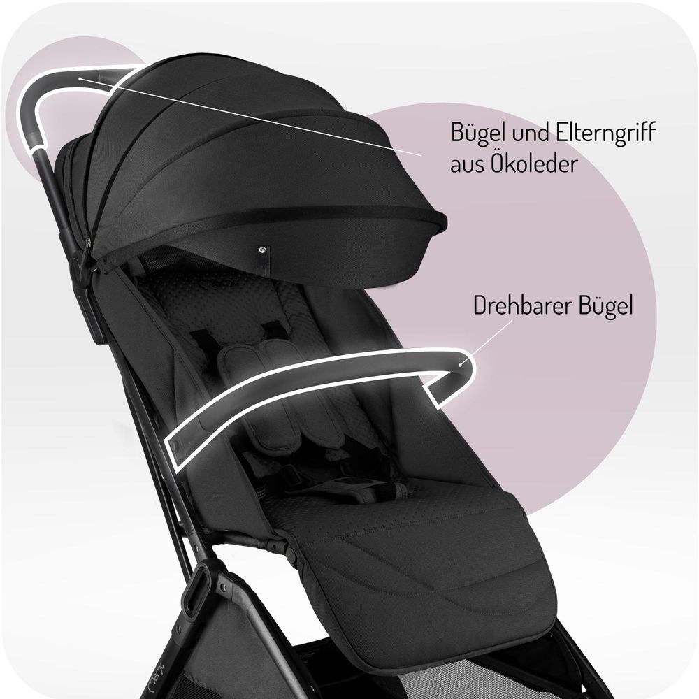 MoMi ANDREA – Ultraleichter Baby Kompaktbuggy 7,3 kg mit automatischer Faltung & Drehbügel, bis 22 kg, inkl. Rucksack & Zubehörset – Schwarz