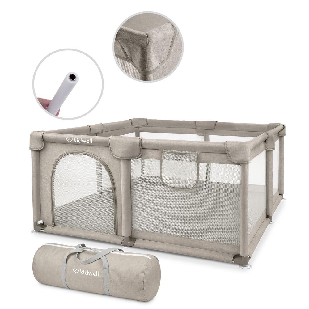 Kidwel FANKO Beige 130x130 cm Baby Laufstall, Laufgitter Baby Krabbelgitter für Kleinkinder mit Atmungsaktivem Netz, Reißverschluss, Tasche, Beige