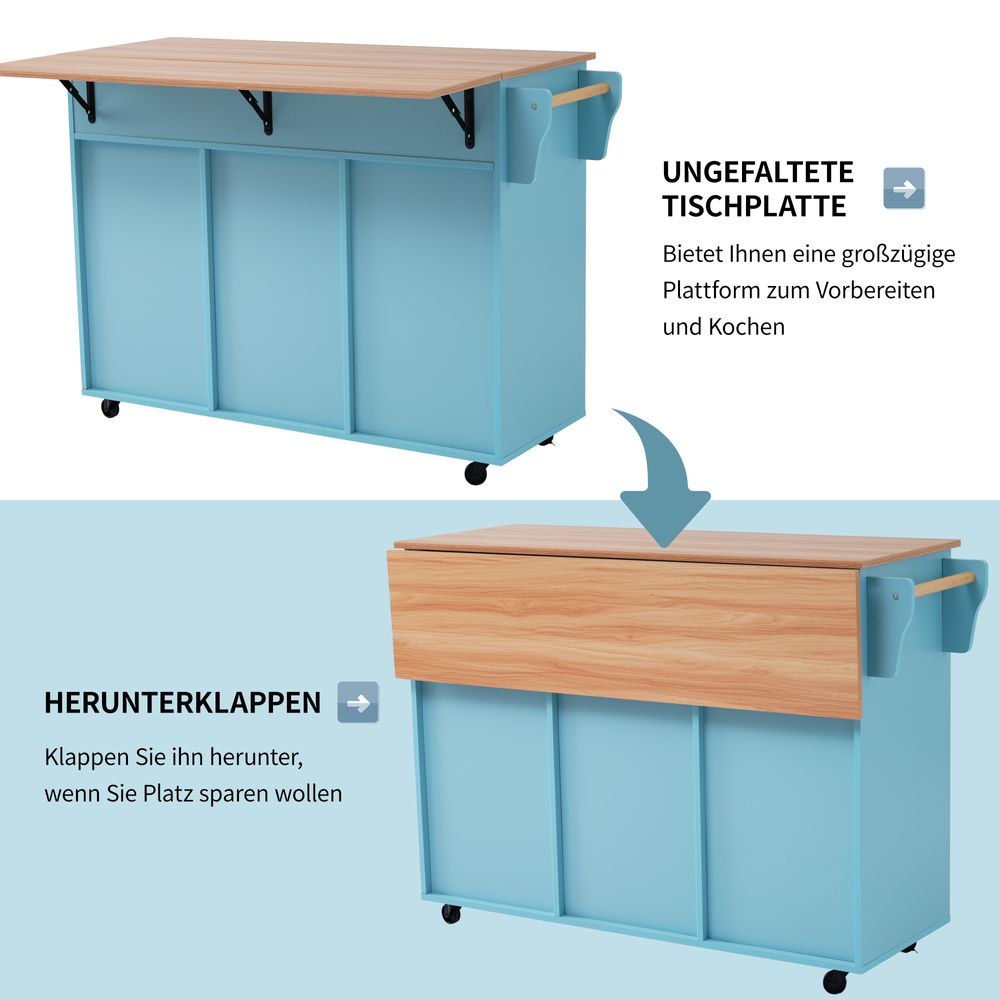 Flieks Servierwagen Kücheninsel mit 2 Schubladen, Küchentrolley Speisewagen mit Klappbar Arbeitsplatte, Küchenwagen mit Regal, 129x46-71x91.5cm, Blau