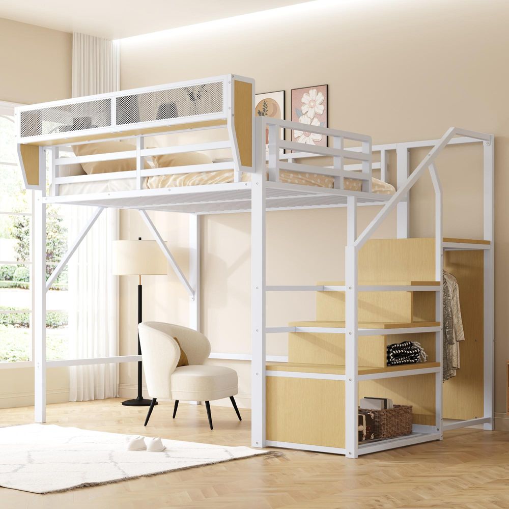 STILVORA Hochbett 140x200 Bettgestell Jugendbett mit Sicherheitsleiter und flexiblem Staufach,Metallbett mit Rausfallschutz(Ohne Matratze)-Weiß