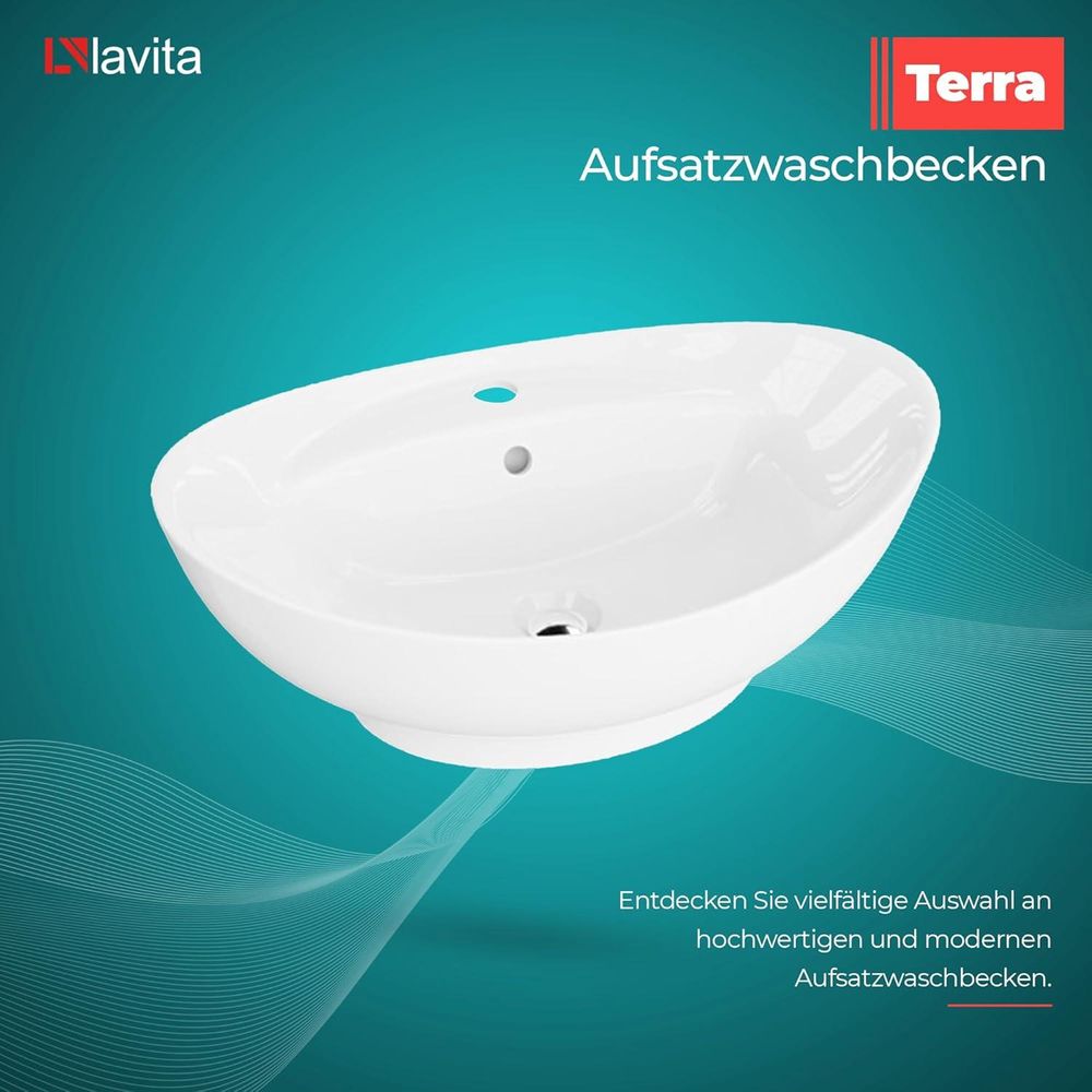 LAVITA Aufsatzwaschtisch Terra| Aufsatzwaschbecken Oval| Waschbecken mit Überlauf und Hahnloch | Aus hochwertigem Porzellan | Waschtisch | 59,5x39x17,5 cm | Weiß