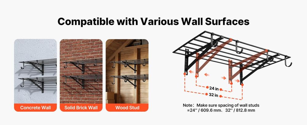 VEVOR 2-stufige Schwerlast-Wandgarage-Regale, 61 x 122 cm Stahl Wandmontierte Regaleinheit mit Haken, 610 x 1219 mm pro Regal Schwimmendes Lagerregal aus Metall mit 235 kg Gesamttragfähigkeit, Schwarz, 24x48 Zoll