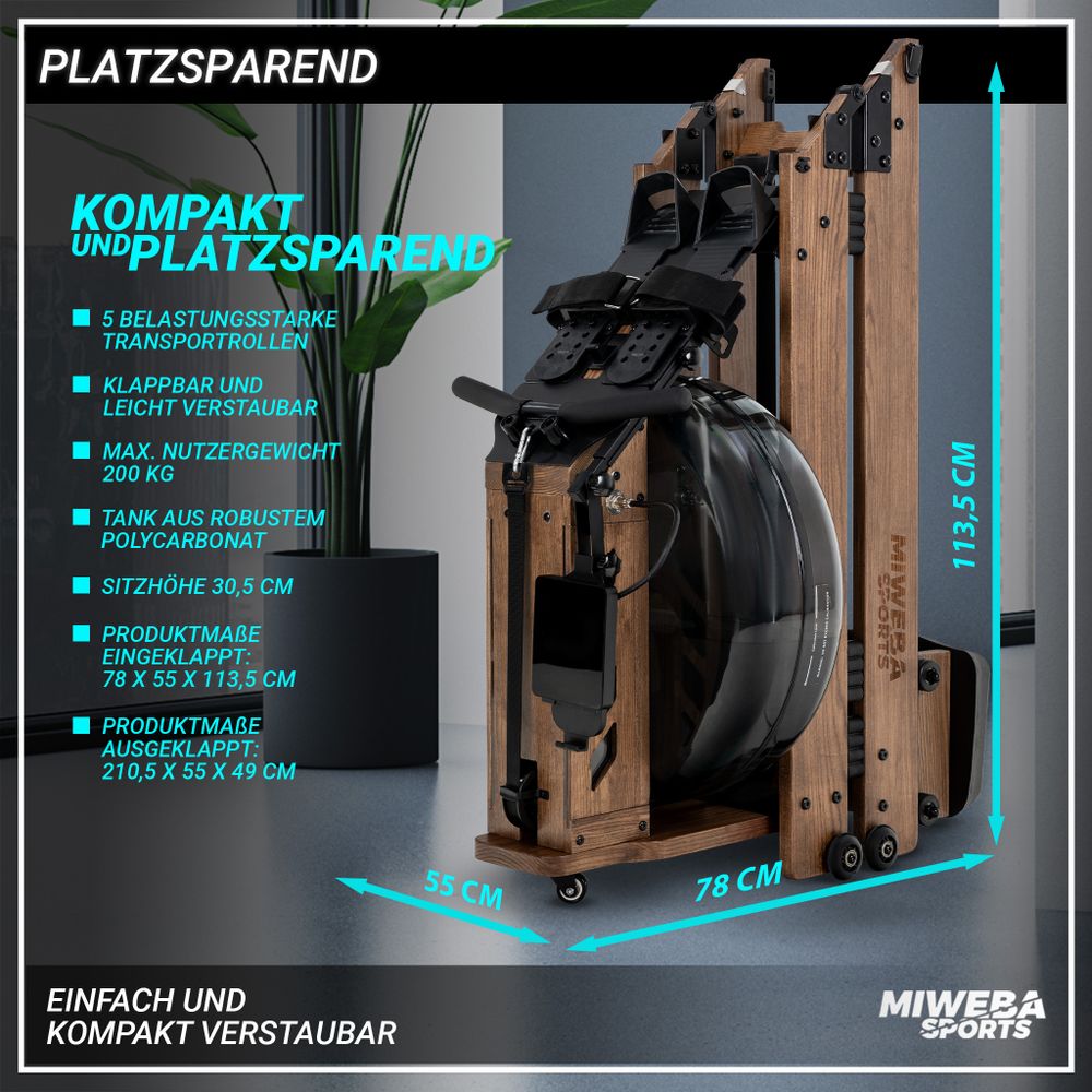 Miweba Sports Wasser-Rudergerät MR700 Pro | Holzrudergerät - Rudermaschine - App Steuerung - LED Display - Tablet Halterung - klappbar (Esche Grau)