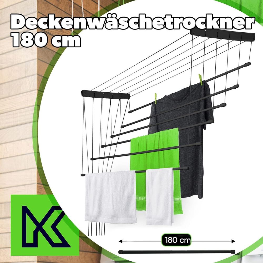 KADAX Deckenwäschetrockner "Torp", Deckentrockner Traglast 12kg, 6 Stäbe, 180 cm, schwarz