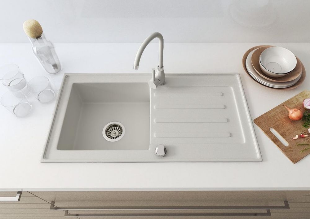 Granitspüle 75x43,5 cm Weiß – Beidseitig montierbare Küchenspüle, eckig, Einbau, für Unterschränke ab 45 cm, inkl. Siphon-Set
