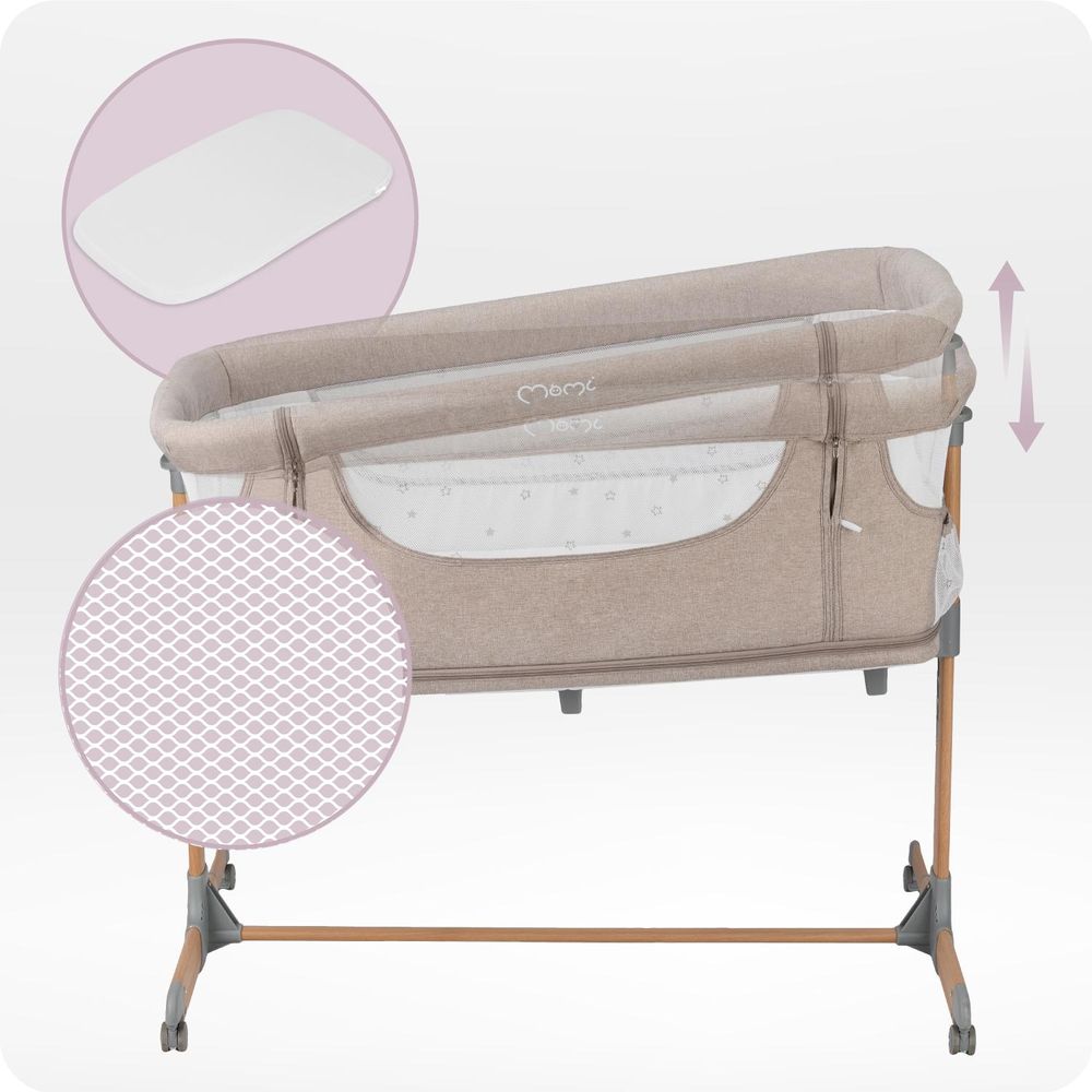 MoMi SMART BED – 4-in-1 Beistellbett & Reisebett, höhenverstellbar mit Neigefunktion, inkl. Matratze & Moskitonetz – Beige