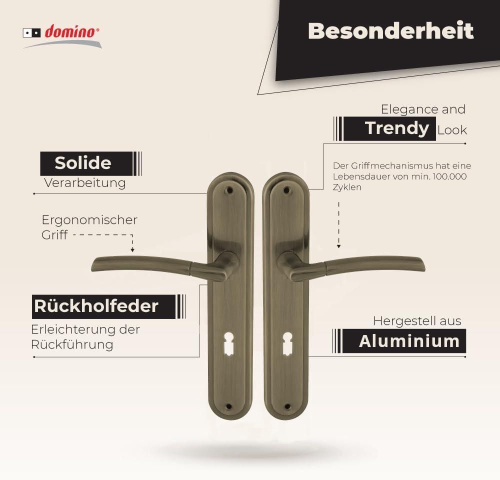 DOMINO Türgriff 72 Drückergarnitur BB-Buntbart Set | Langschildgarnitur | Türklinke für Zimmertür, Bürotür, Kellertür & Innentür | L-Form | Türbeschläge aus Aluminiuml | Bronze Türdrückergarnitur |PRESTO M3