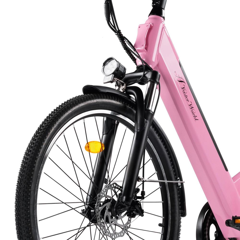 AVDL A32 elektrische stadsfiets, roze, 26 inch, 460 Wh accu, 250 W motor, Shimano 7 versnellingen, schijfremmen, lcd-display