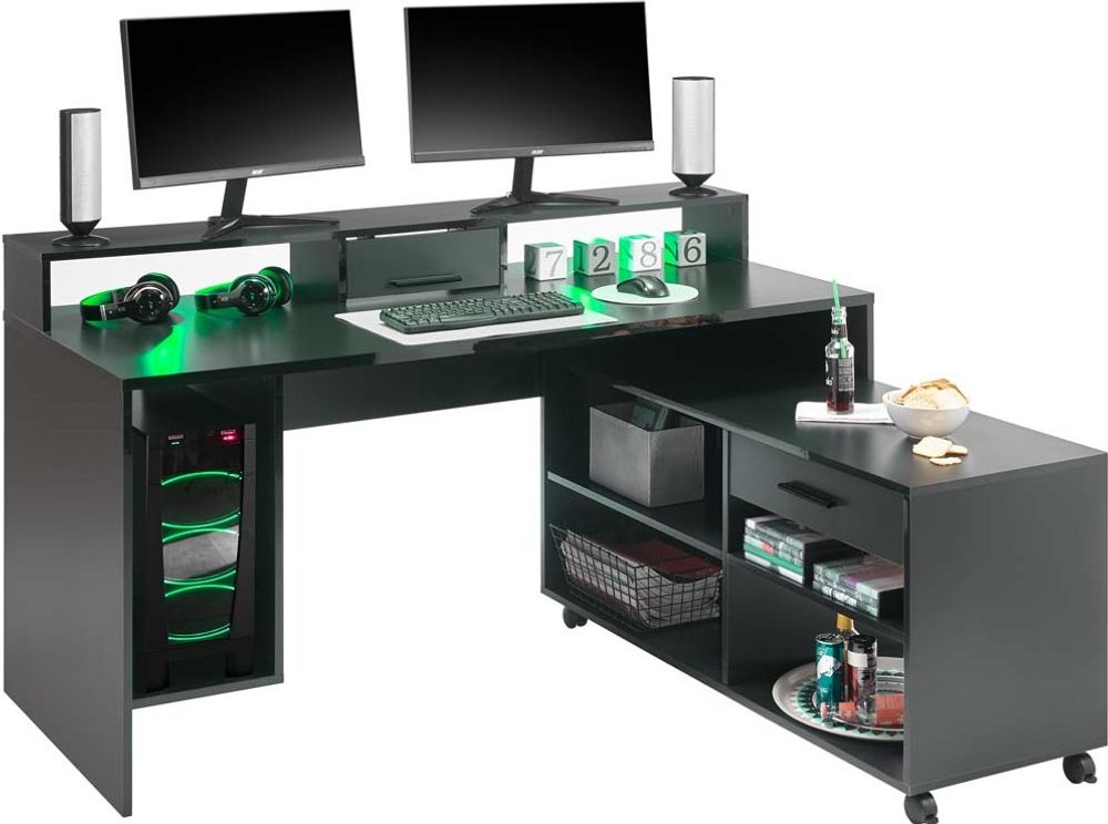 Gaming-Eckschreibtisch - Schwarz matt - 160 x 70 cm - inkl. LED-Beleuchtung - mit RGB-Farbwechsel