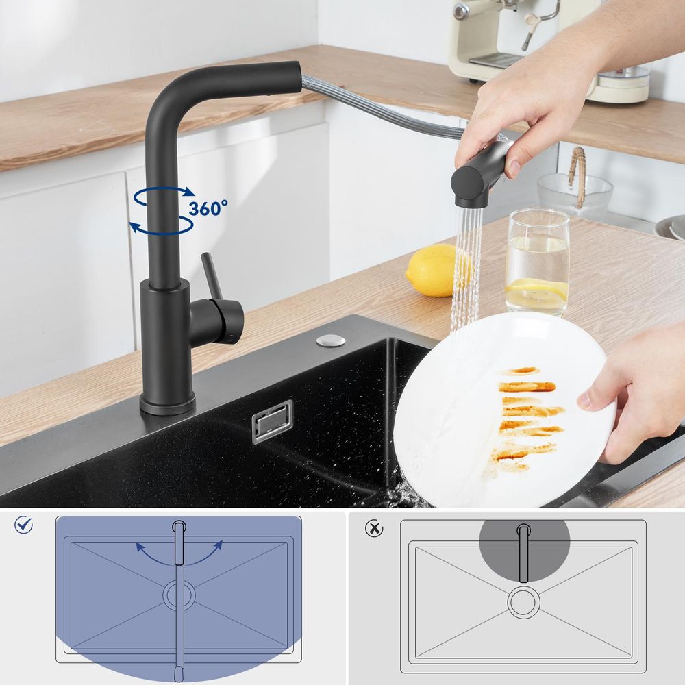Cecipa Küchenarmatur Schwarz Ausziehbar, Wasserhahn Küche mit Brause, 360° Drehbar Spültischarmatur, L-Form, 304 Edelstahl, Einhandmischer, Schwarz