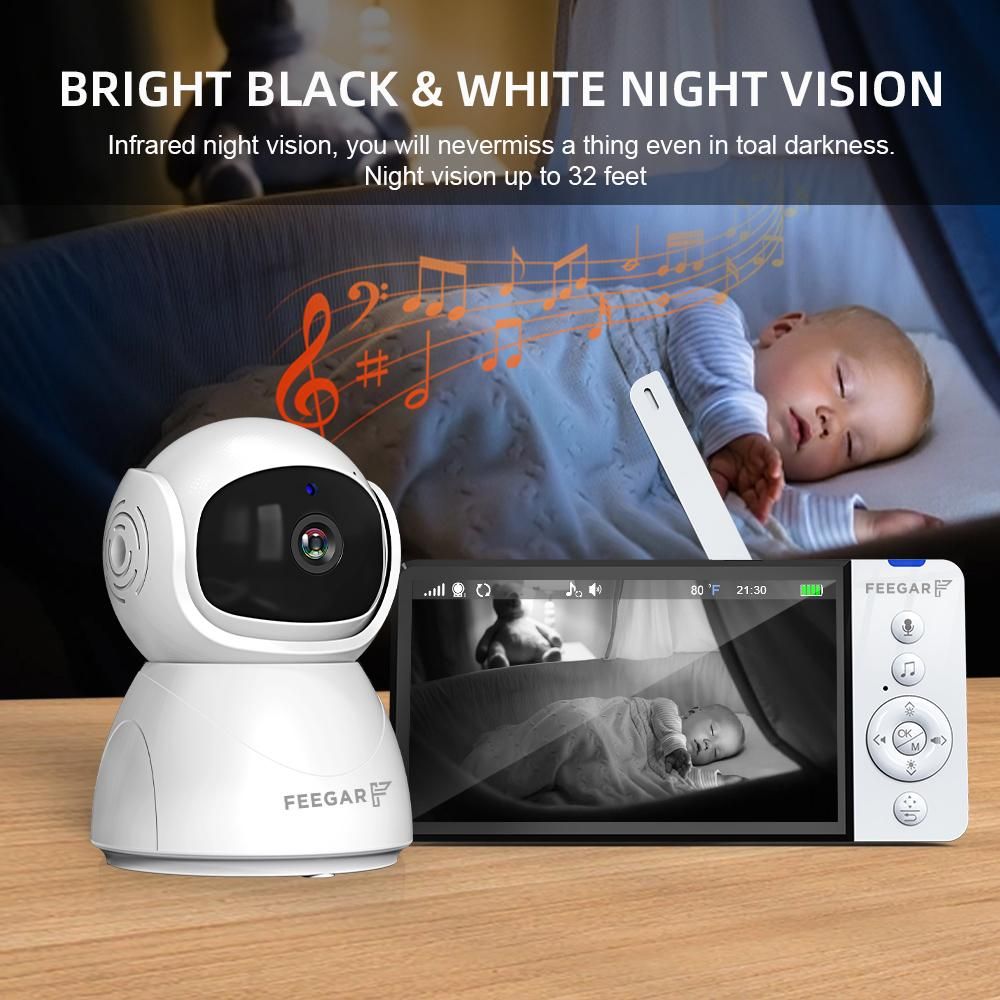Feegar Babyphone mit Kamera Baby Monitor 5-Zoll 720P HD Display 2,4 GHz PTZ 355°/120° Baby Monitor mit Ferngesteuerter Kamera 2X Zoom VOX Modus