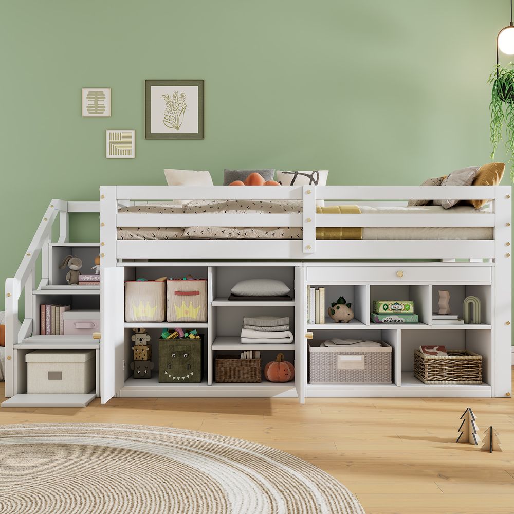 Flieks Etagenbett 90x200cm mit Schrank, Hochbett mit Leiter und Treppe, Kinderbett Stockbett Einzelbett mit Rausfallschutz, Holzbett für Kinder, Weiß