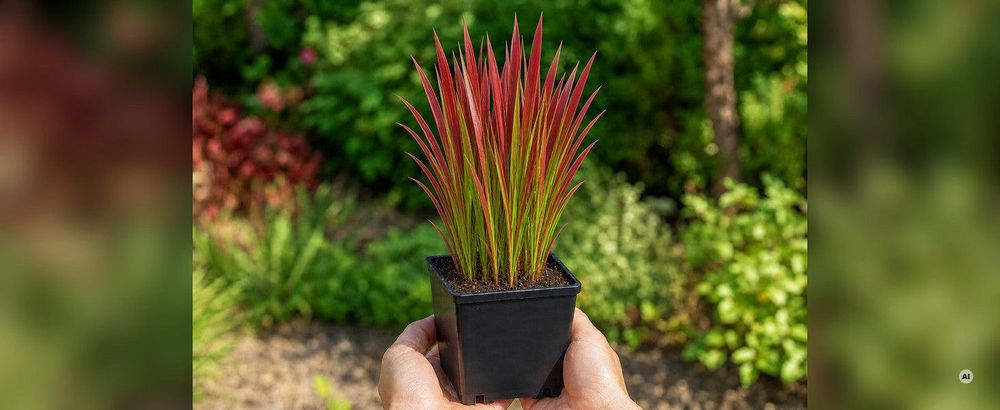 Hände halten den eckigen schwarzen 11 × 11-cm-Anzuchttopf mit rot-grüner Jungpflanze