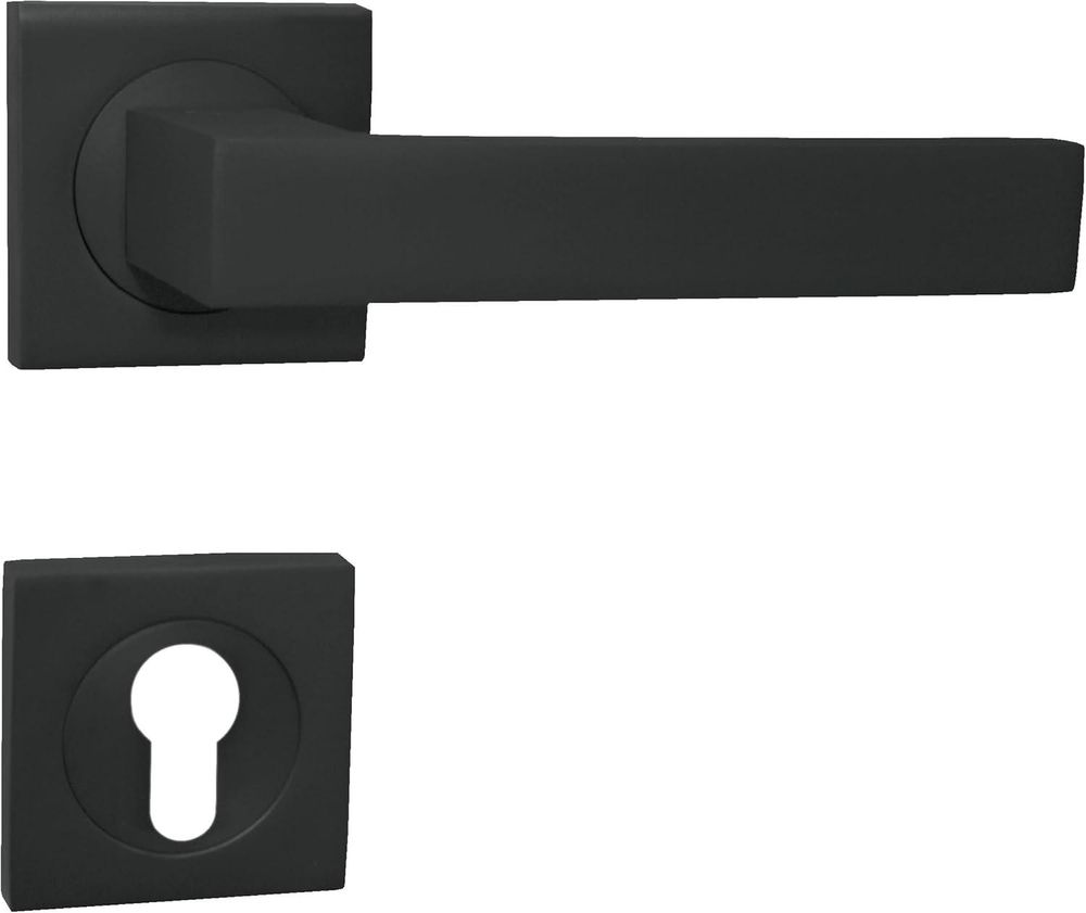 DOMINO Türgriff Drückergarnitur PZ - Profilzylinder Set | mit quadratischen PZ Rosetten| Türklinke für Zimmertür, Bürotür, Kellertür & Innentür| Türbeschläge aus Aluminium| Schwarz Türdrückergarnitur | QUBIK-QR BLACK