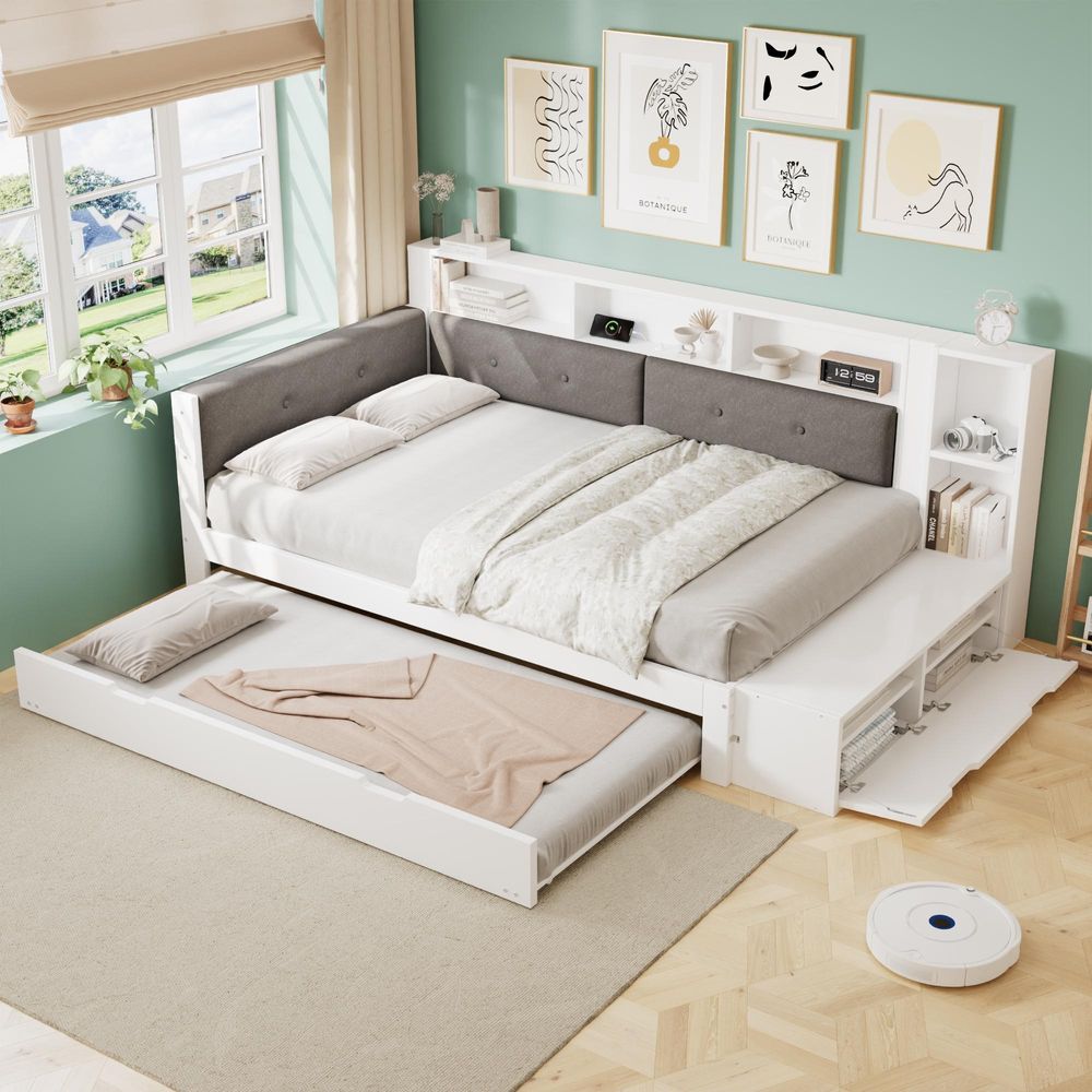 Merax Holzbett Tagesbett 120x200 cm mit Ausziehbett 90x190 cm, Daybett mit Ladefunktion und gepolstertem Kopfteil, Regalfächern & Schuhbank, Weiß