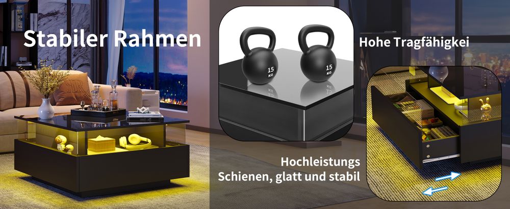 okwish Couchtisch LED-Hochglanz Beistelltisch für Schlafzimmer, Wohnzimmertische mit Stauraum fürs Wohnzimmer, Beistelltisch mit 2 SchubladenSchwarz