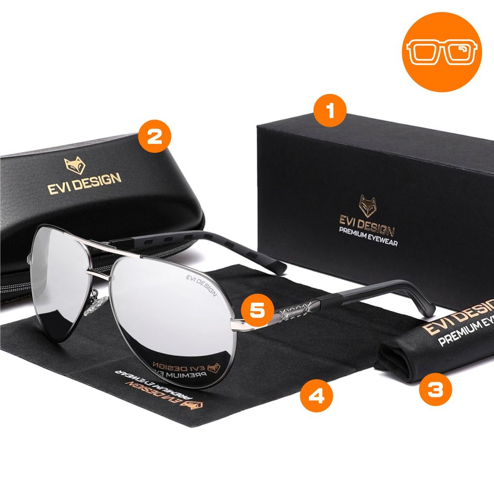 Aviator Sonnenbrille Herren Polarisiert UV400, klassische Pilotenbrille Silber, Metallrahmen mit Federscharnier, inkl. Etui & Set, EVI DESIGN Silver
