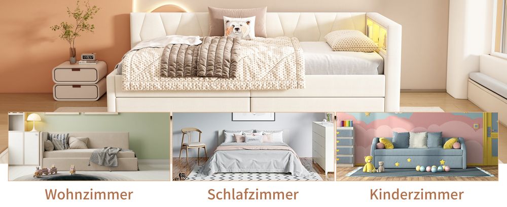 MODFU Schlafsofa Tagesbett 90x200cm mit LED-Umgebungslicht, USB+Typ C und Ablagefach am Bett,Daybett Kinderbett, Polsterbett Jugendbett, Beige(Ohne Matratze)