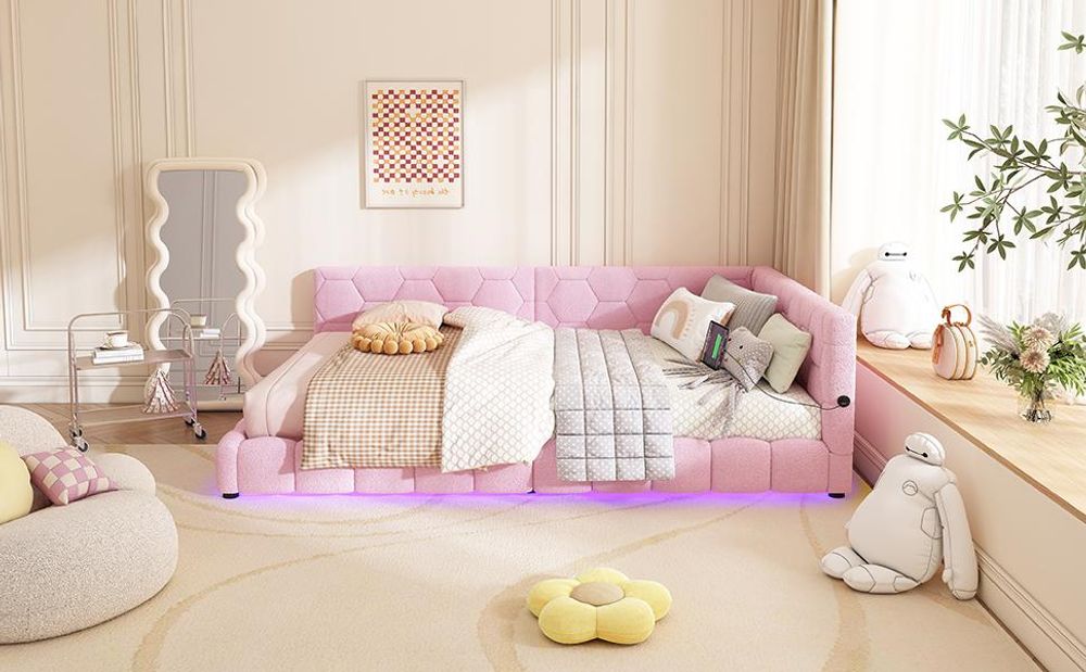 Merax Polsterbett 140x200cm mit LED und USB-Anschluss, Tagesbett mit Lattenrost, Schlafsofa aus Teddy-Plüsch, Funktionsbett Doppelbett Kinderbett Rosa