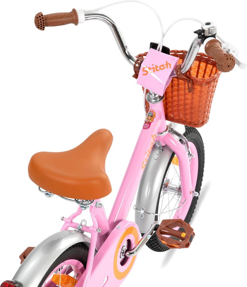 HILAND Stitch 14 Zoll Kinderfahrrad für Mädchen 3 4 5 6 7 Jahre alt mit Vorderkorb, Stützrädern, Schutzblech, Klingel, Rosa