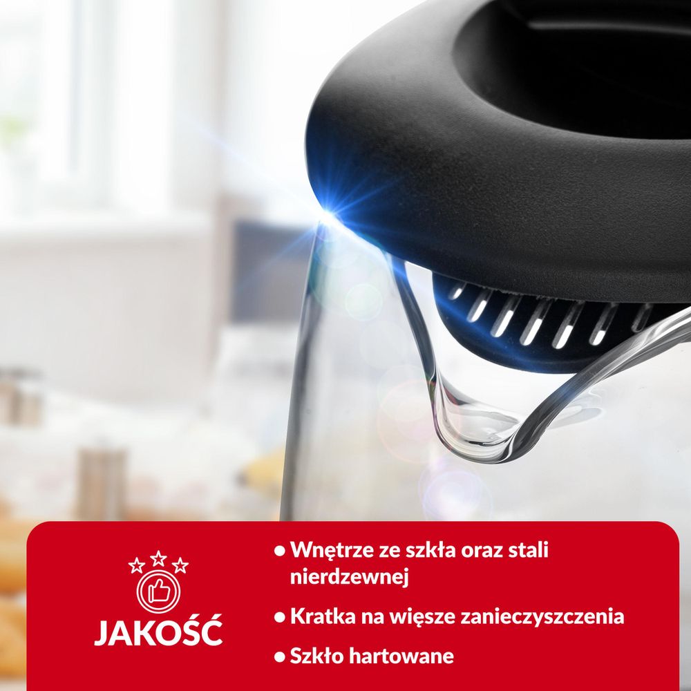 Szklany czajnik Lehmann 2L 2200W, czajnik elektryczny wykonany ze szkła z podświetleniem LED, automatycznym wyłącznikiem i zabezpieczeniem przed przegrzaniem