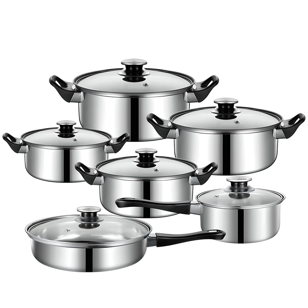 Topfset 12-teilig Edelstahl Kochgeschirr Kochtopfset Kochtöpfe Kochtopf-Set Töpfe Glasdeckel Durchmesser 16 18 20 21.8 24cm Silber Retoo