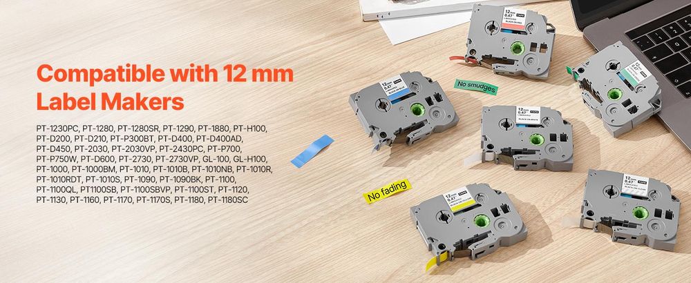 VEVOR Schriftand, 6er-Pack, 12 mm, farbig, kompatibel mit verschiedenen Typen von Brother P-Touch, PT-1230PC, PT-1280, PT-D200, PT-P400, für TZe-131 TZe-231 TZe-431 TZe-531 TZe-631 TZe-731