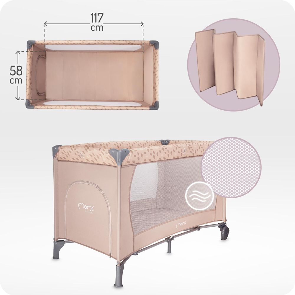 MoMi BELOVE – Reisebett mit Klappfunktion, Sicherheitsverriegelung, Seiteneingang, Tasche – Beige