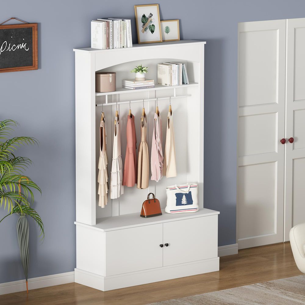 Merax Garderobenschrank mit Sitzbank 120x40x190 cm – 5-in-1 Flurgarderobe mit Schuhregal, Kleiderstange & Ablage, Kippschutz, Spanplatte, moder weiß