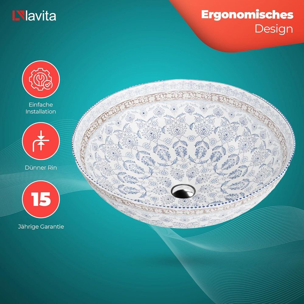 LAVITA Aufsatzwaschtisch Folklor | Aufsatzwaschbecken Rund | Waschbecken Ohne Überlauf und Hahnloch | Aus hochwertigem Porzellan | Waschtisch | 40x40x13,5 | Weiß/Blau