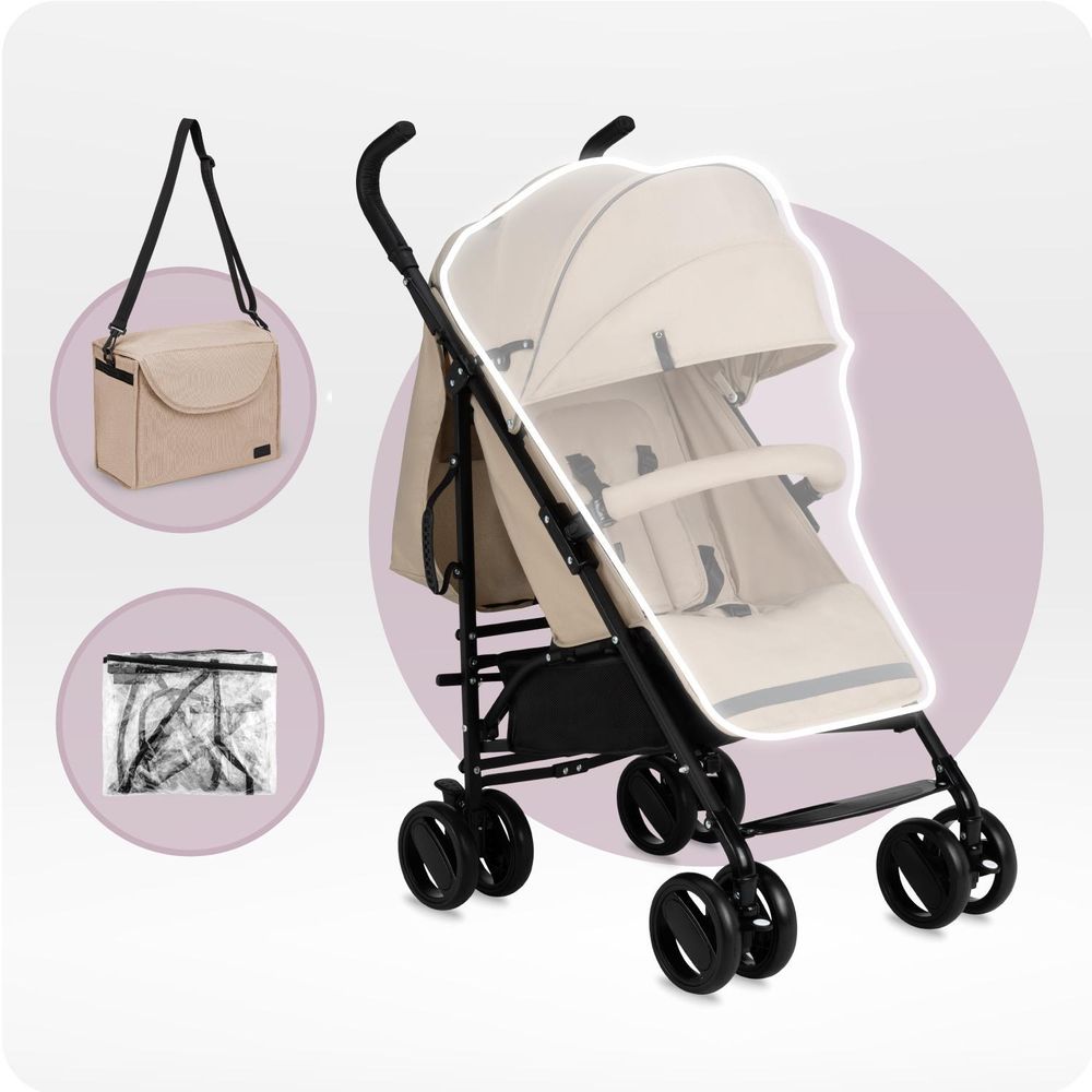 MoMi AKIRA Buggy Kinderwagen – Zusammenklappbar, Leicht 6,7 kg, Moskitonetz, Regenschutz, Korb, Tasche – Beige