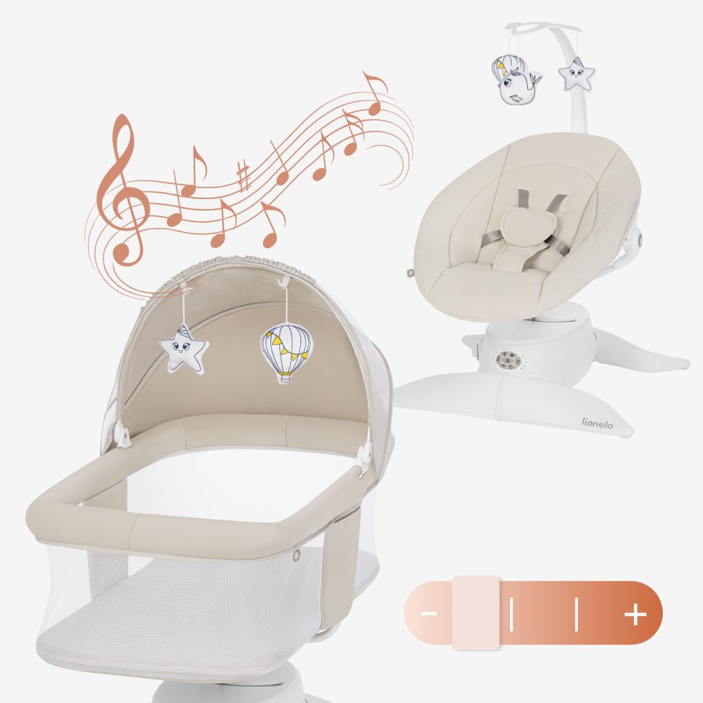 Lionelo Vivi Set: Dondolo elettrico per bambini con vaschetta, funzione culla, Bluetooth, sensore di movimento, telecomando, adatto da 0 a 9 kg