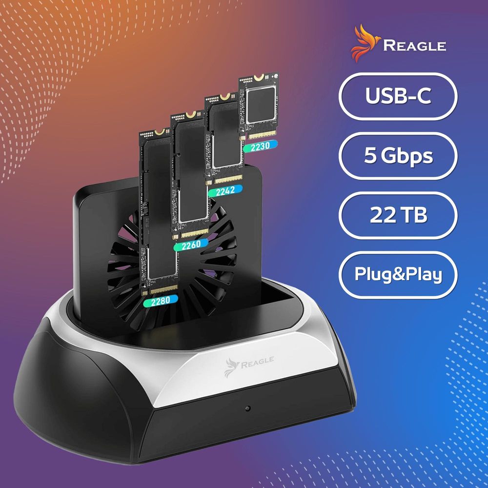 Dockingstation für Festplatten HDD SSD SATA und M.2 NVMe SSD Reader USB 3.2 5Gbps Reagle mit Lüfter für Datenübertragung Windows macOS Linux