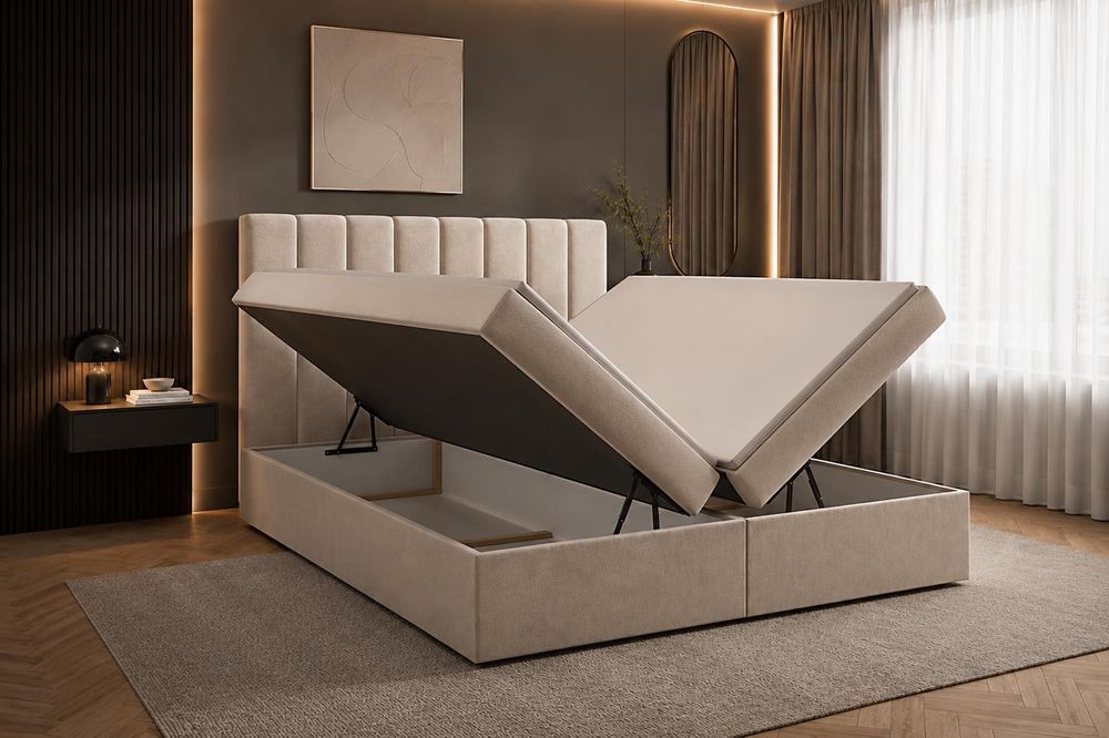 Kontinentalbett aus Samt, Polsterbett, Boxspringbett, dekorativem Kopfteil Doppelbett mit Bonell-Matratze, Topper und Bettkasten (gepolstertes Kopfteil, Boxspring) Boxspringbett Bett 01 –160x200 - Trinity 2 - Beige