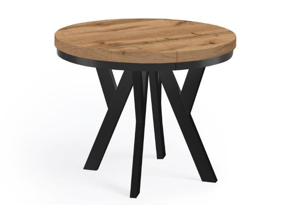 Runder Ausziehbarer Tisch für Esszimmer, PERO mit einem Ring-Gestell, Loft-Stil, Durchmesser: 120 / 220 cm, Farbe: Eiche Wotan / Schwarz