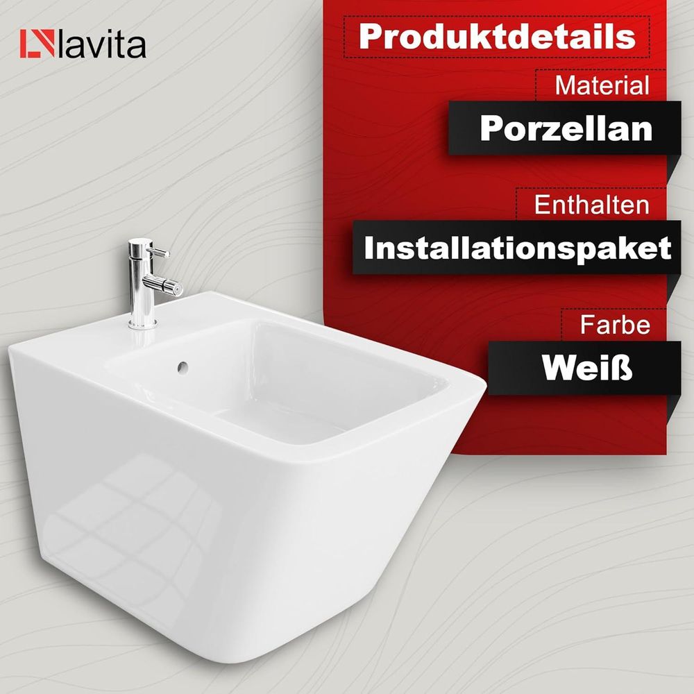 LAVITA Universal Wand-Bidet Lago mit Hahnloch und Überlaufschutz aus Keramik | Sitzwaschbecken zur Montage an der Wand | Hygienisch und Pflegeleicht | 34x48,5x32,5 cm |