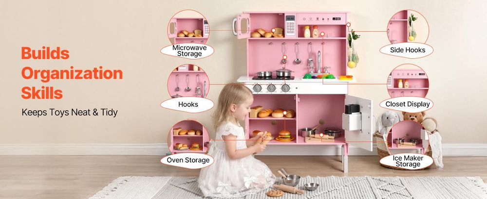 VEVOR Spielküche für Kinder, Holz, Kinderküchen-Spielset mit echten Lichtern & Geräuschen, Lebensmittel- & Kochgeschirr-Zubehör, Rollenspiel-Spielset, Spüle, Ofen, Herd, Schrank, für Kleinkinder, Mädchen & Jungen im Alter von 3-8 Jahren, 7-8 Funktionen
