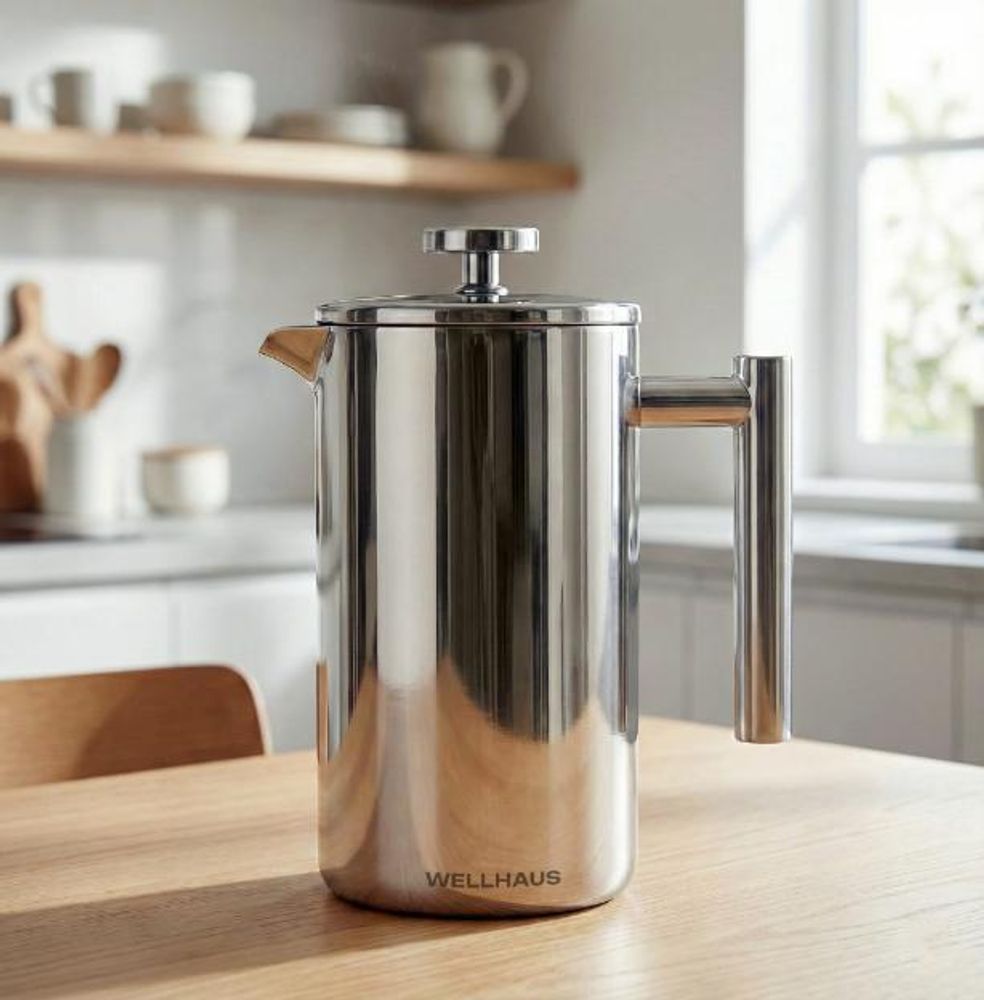 WELLHAUS Kaffeebereite French Press 1 Liter - Edelstahl Thermo Kaffeekanne mit Filter, Kaffeezubereiter Frenchpress für 8 Tassen