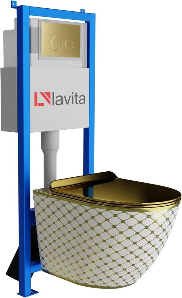 Lavita LAV 101 Vorwandelement für WC 40cm + Wand Hänge Tiefspül WC SOFI SLIM CHECKED GOLD Spülrandlos + Bedienplatte LAV 200.4.5 Gold | Komplettset | Unterputz Spülkasten | Toilette Komplett Sett