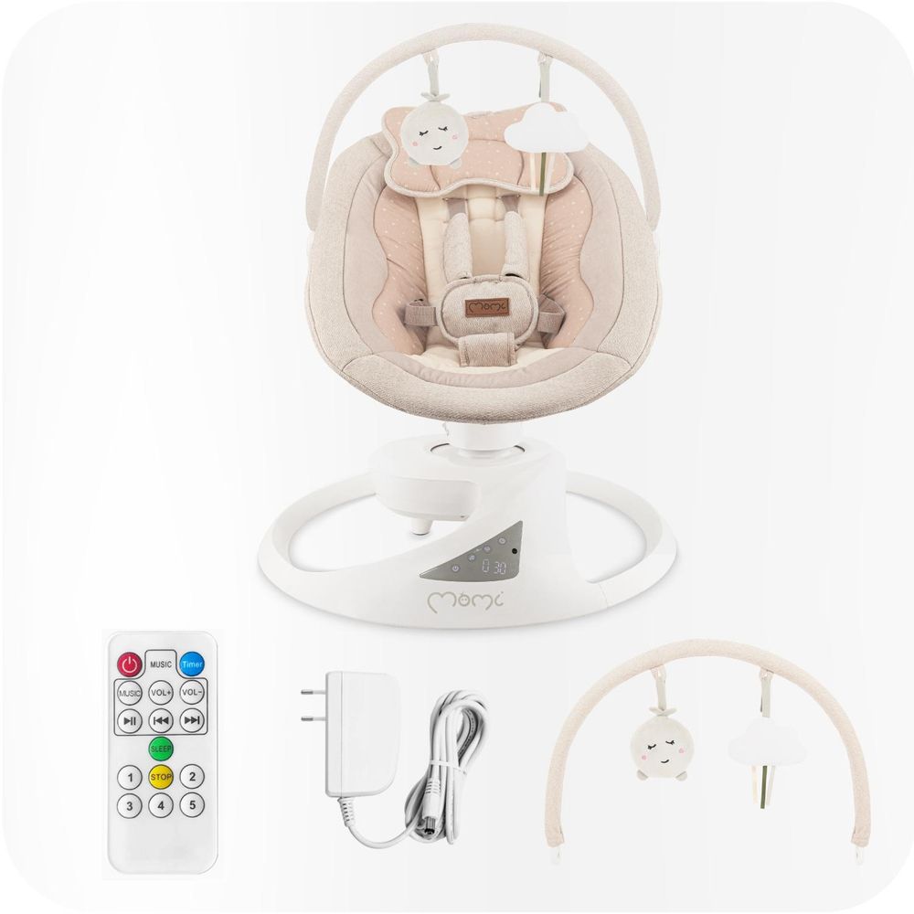 MoMi PEARL – Babywippe mit Bluetooth, 360° Sitzdrehung, 2 Modi, Nummern‑Panel – Beige